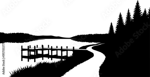 Black silhouette landscape, rural scenery, forest and fence, vector illustration