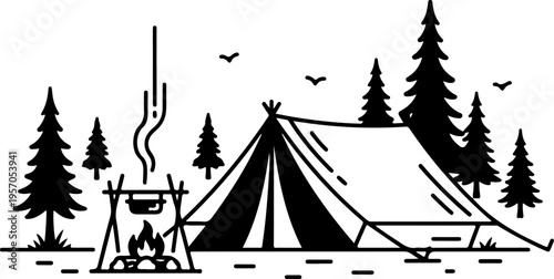 Vector illustration of camping tent with campfire and trees