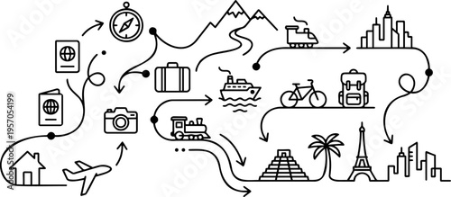 Line art vector of travel journey route with transport and landmarks