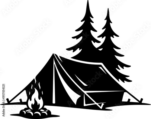 Vector camping tent icon with campfire and trees