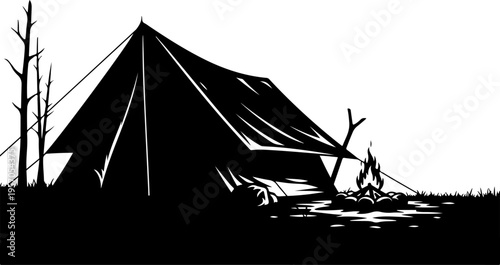 Vector silhouette of a camping tent with trees