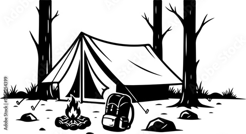 Vector illustration of camping tent with campfire and backpack