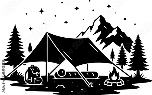 Vector camping scene illustration with tent and mountain
