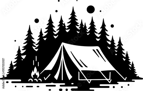 Vector camping tent icon with forest and campfire