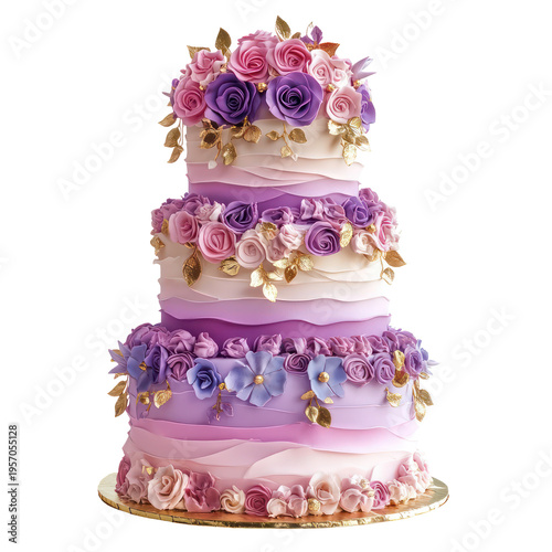 A multi-tiered wedding cake decorated with purple and pink roses on transparent background