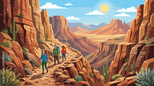 Three diverse hikers with backpacks traverse a rocky desert trail past cacti and sandstone cliffs under a bright sunny sky.