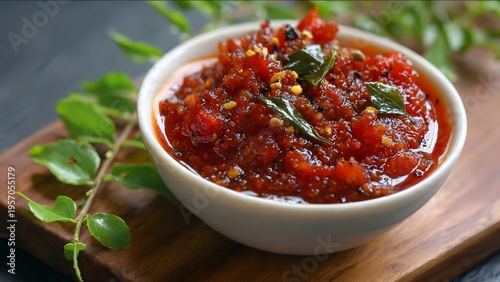 Spicy Indian tomato chutney in white bowl with curry leaves on wooden board