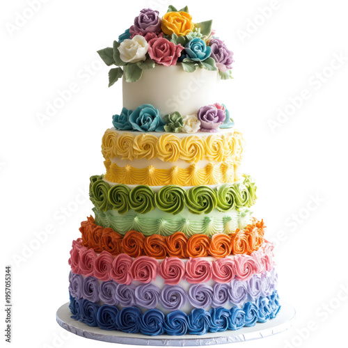 A multi-tiered cake with colorful frosting and flowers on transparent background