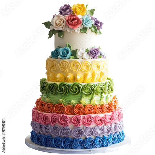A multi-tiered cake with colorful frosting and flowers on transparent background