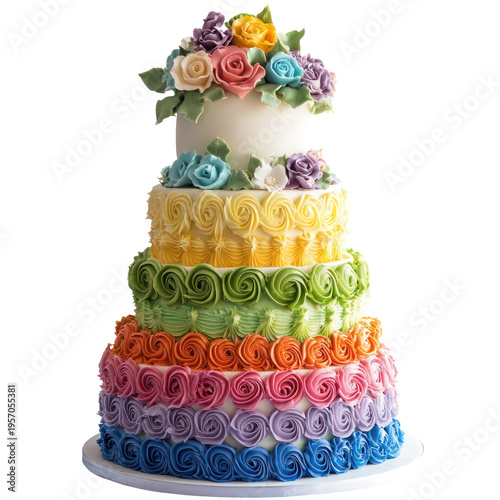 A multi-tiered wedding cake with colorful frosting and flowers on transparent background