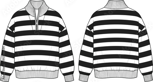 Striped half zip pullover sweater front and back view casual apparel mockup fashion clothing vector illustration template modern design