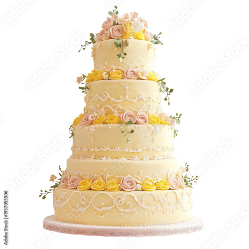 A large white wedding cake with pink and yellow roses on transparent background
