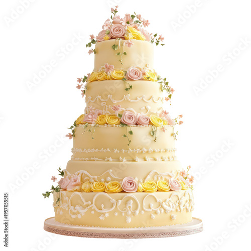 A multi-tiered wedding cake with white frosting and floral decorations on transparent background