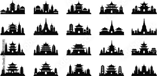 Asian Pagoda Silhouette Set with Oriental Temples, Japanese Shrines, Chinese Architecture, Buddhist Sanctuaries, and Traditional East Asian Building Icons for Design