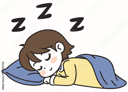 A simple, cartoon-style illustration of a person sleeping peacefully, A person with short brown hair and a serene expression, eyes closed.