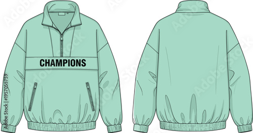 Green half zip pullover jacket with champions text front and back view casual apparel mockup fashion vector illustration design