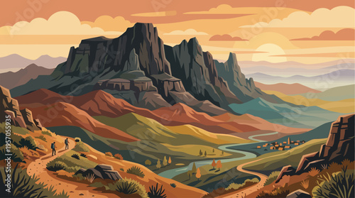 Stylized vector illustration of a vast mountain range at sunset with two hikers on a dirt path leading to a small village by a winding river.