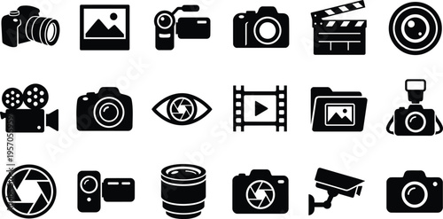 Collection of black and white camera and film icons on a white background
