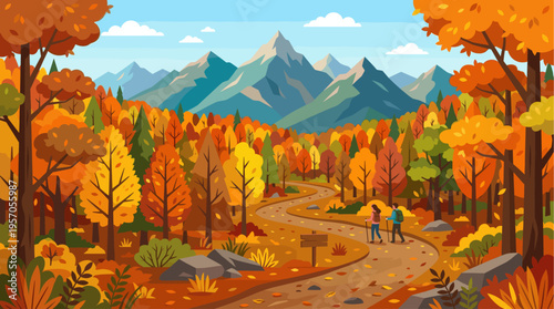 Two hikers with backpacks walk along a winding dirt path through a vibrant forest bursting with autumn colors, with snow-capped mountains in the distance.