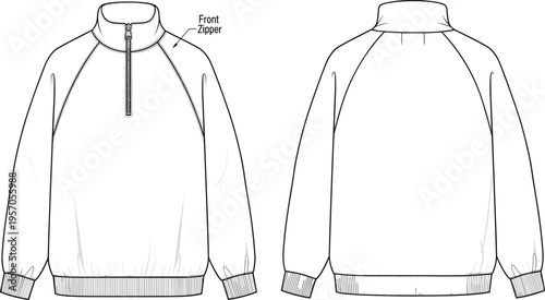 Raglan sleeve half zip pullover jacket technical line drawing front and back view apparel mockup fashion vector illustration template