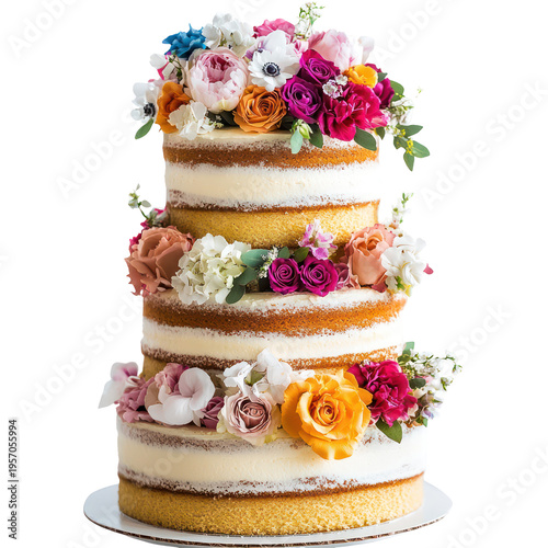 A beautiful semi-naked wedding cake with colorful flowers on transparent background
