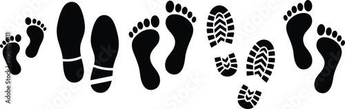 Collection of various footprints and shoe prints in black on a white background