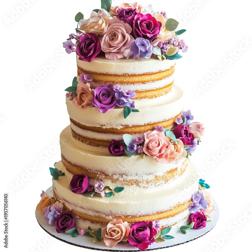 A beautiful semi-naked wedding cake with colorful flowers on transparent background