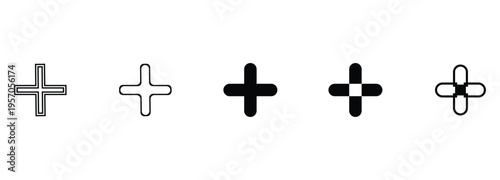 Plus Icons set. Add plus icon. Vector set of medical plus cross icons in solid black circle outline and simple flat style for health.