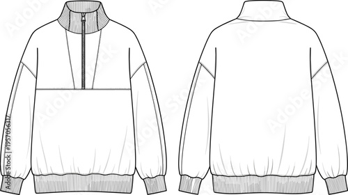 Quarter zip jacket technical line drawing front and back view apparel template long sleeve mockup fashion vector illustration design