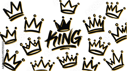 A digital illustration of crowns and the word 'king' in a bold graffiti style font symbolizing royalty and power
