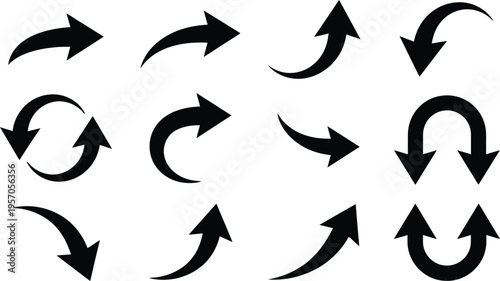 A collection of 12 black arrow icons pointing in various directions on a white background