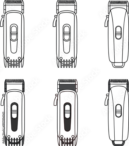 Professional hair clipper set for barber shop grooming and hair cutting tools electronic trimmer collection cad drawing flat vector illustration high quality.