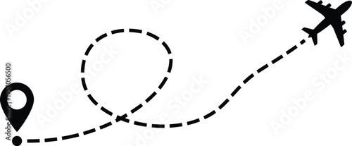 Airplane flight path with location pin icon