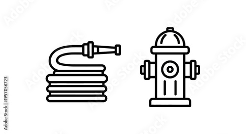 Fire hose coil and fire hydrant emergency outline vector icons set for safety and protection with fire department