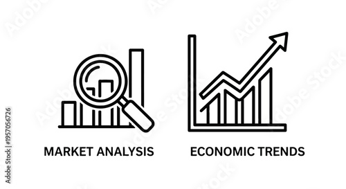 Market analysis magnifying glass and economic trends graph outline vector icons for business finance with bar chart