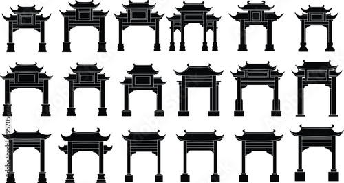 Set of Traditional East Asian Gate Silhouettes Featuring Japanese Torii and Chinese Paifang Architecture for Cultural Design Projects Isolated on White Background