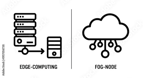 Edge computing server rack and fog node cloud network outline vector icons for distributed systems with data center