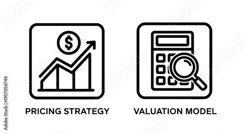 Business strategy icons: pricing models, valuation, financial planning & economic analysis, magnifying glass
