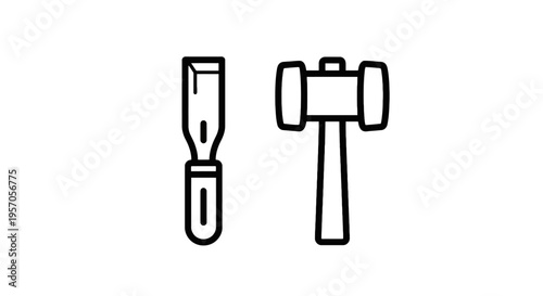 Woodworking hand tools icon set: chisel and mallet for traditional craftsmanship with wood carving