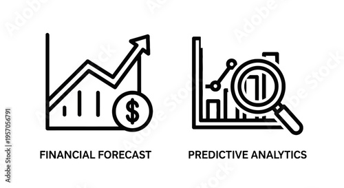 Financial forecast and predictive analytics icons: business growth, market trends & data analysis, dollar sign