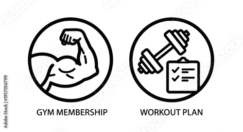 Fitness & workout icons: gym membership and personalized training plans for health & exercise with workout plan
