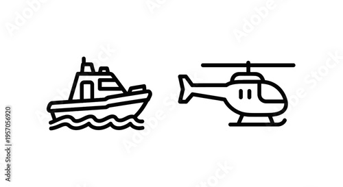 Speedboat and helicopter icons representing marine and air transport, travel, adventure, and recreation, line art