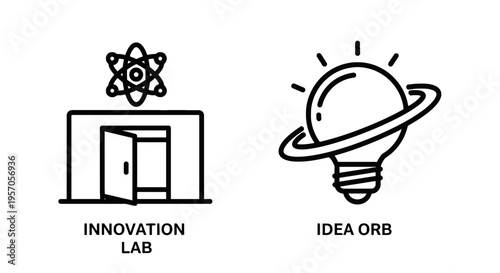 Innovation lab and idea orb icons symbolizing scientific discovery, creative research, and breakthrough concepts, light bulb