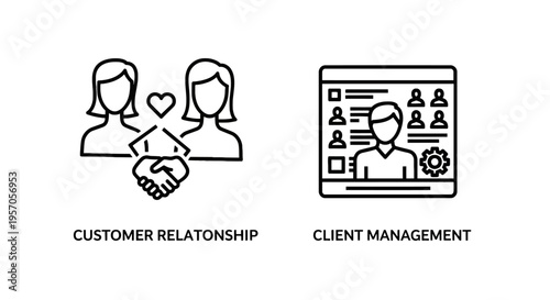 Customer relationship management & client service icons: handshake, people, and web interface for business strategy, user management