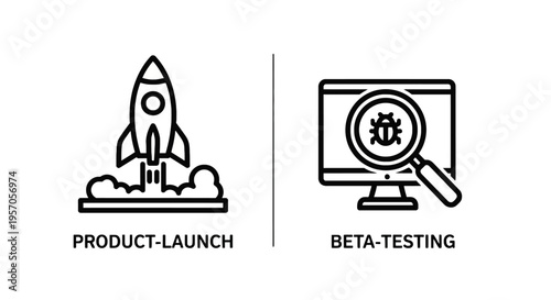 Product launch and beta testing icons for software development, startup innovation, and quality assurance, magnifying glass