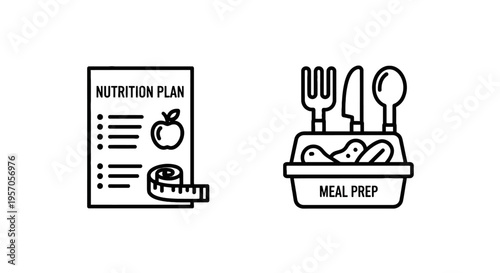 Healthy nutrition plan and meal prep icons for diet management, wellness lifestyle, and fitness goals, measuring tape