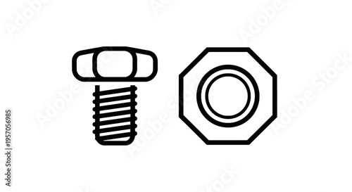 Industrial fastener icons: strong bolt and nut hardware for construction, assembly, and mechanical engineering, line art