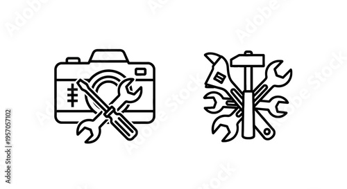 Camera with tools icon and assortment of repair tools for photography maintenance or support services with design element