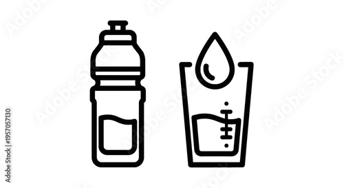Reusable water bottle and glass of fresh water icons for hydration and healthy lifestyle concepts with design element