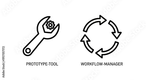 Prototype tool and workflow manager icons for development processes and business optimization with circular arrows